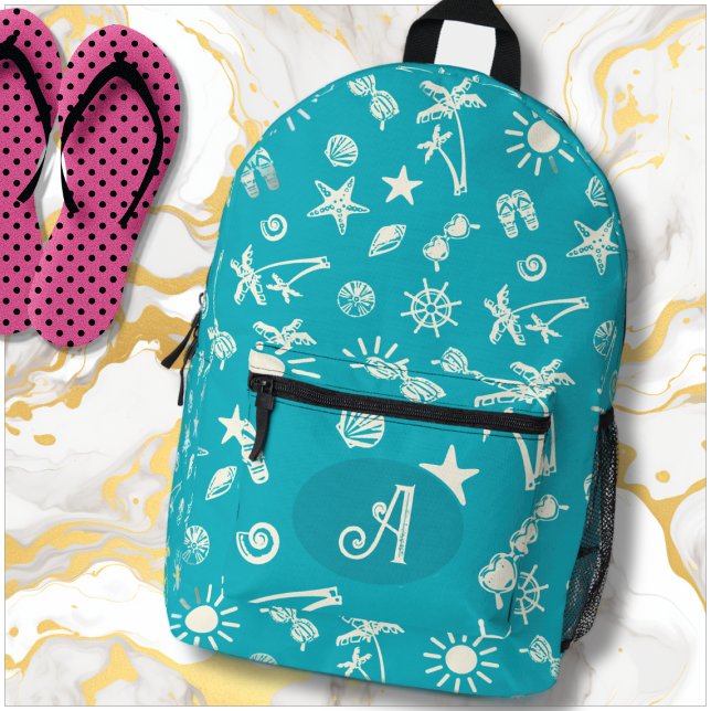 Tropisches Muster Aqua Blue Monogram Backpack Bedruckter Rucksack (Von Creator hochgeladen)