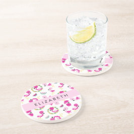 Tropisches Muster, Flamingos, Blume, Ihr Name Getränkeuntersetzer