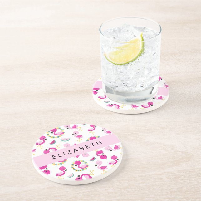 Tropisches Muster, Flamingos, Blume, Ihr Name Getränkeuntersetzer (Seite)