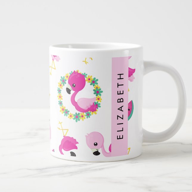 Tropisches Muster, Flamingos, Blume, Ihr Name Jumbo-Tasse (Rechts)