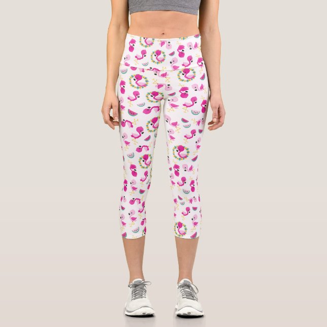 Tropisches Muster, Flamingos, Wassermelonen, Blume Capri Leggings (Vorderseite)