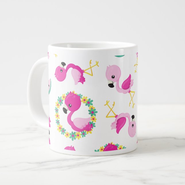 Tropisches Muster, Flamingos, Wassermelonen, Blume Jumbo-Tasse (Vorderseite Links)