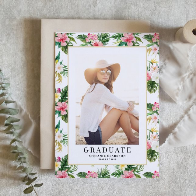 Tropisches Muster Foto Abschluss Einladung (Customizable photo graduation invitation featuring watercolor tropical pattern)