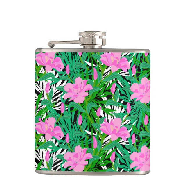 Tropisches Muster mit Dschungelbäumen-Blume Flachmann (Vorderseite)