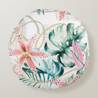 Tropisches nahtloses Muster mit Orchideen-Blätter  Rundes Kissen