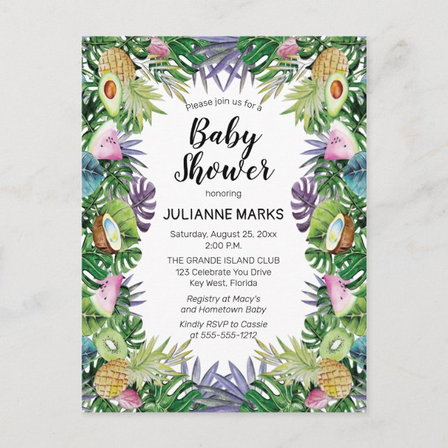 Tropisches Obst | Greenery Summer Baby Shower Einladungspostkarte (Vorderseite)