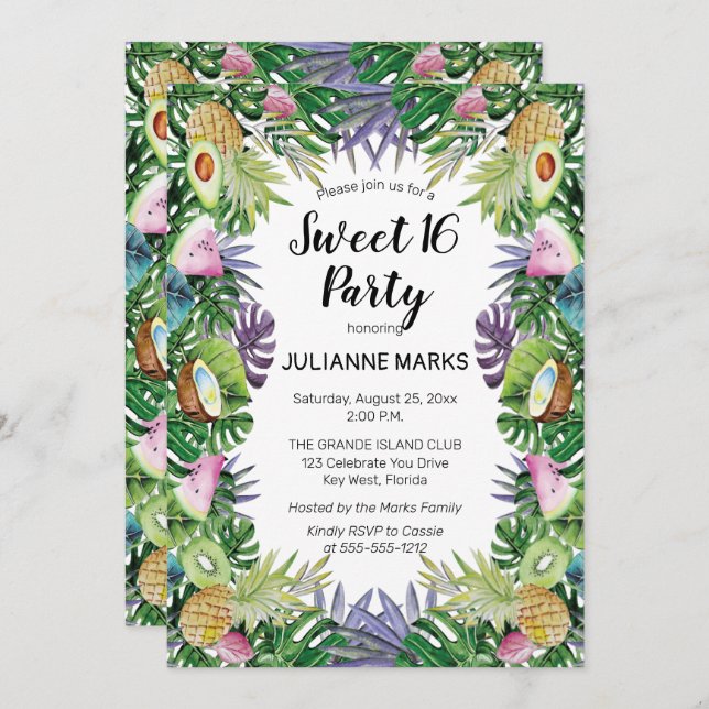 Tropisches Obst| Grüne Sommer Süße 16 Party Einladung (Vorne/Hinten)
