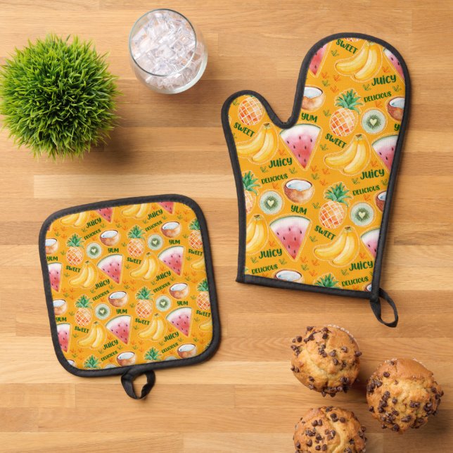 Tropisches Obst Ofenhandschuh & Topflappen-Set (Oben Unten)