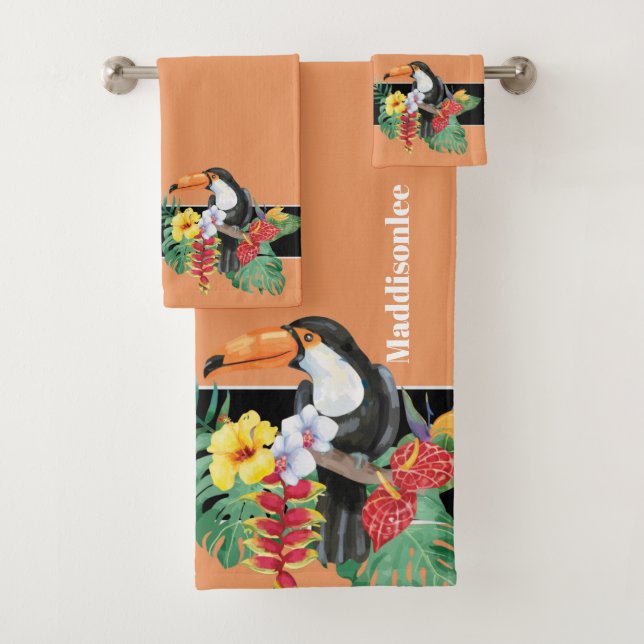 Tropisches Orange Monogram Name Toucan Badezimmer Badhandtuch Set (Insitu)