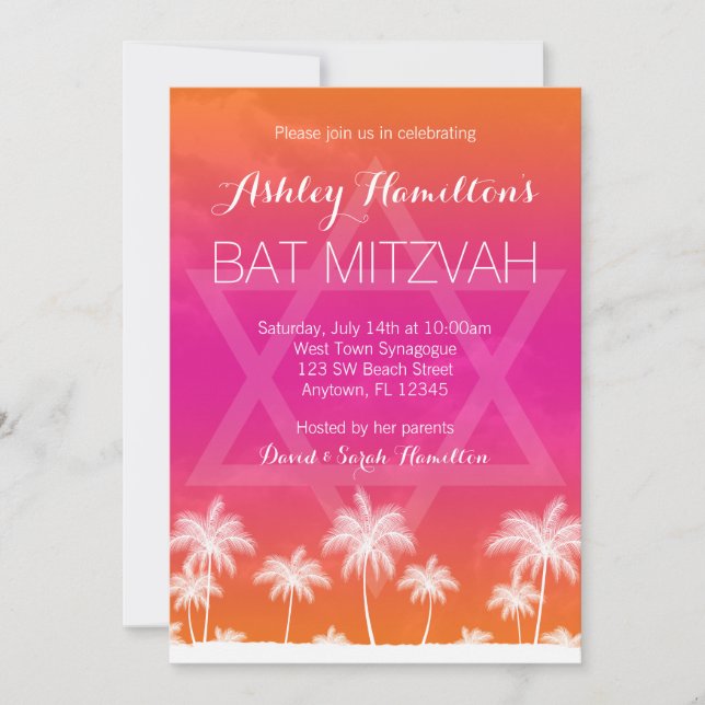 Tropisches Orange Pink Bat Mitzvah Einladung (Vorderseite)
