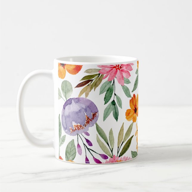 Tropisches Orangengelbes, rosa Lilac-Floral-Muster Kaffeetasse (Links)
