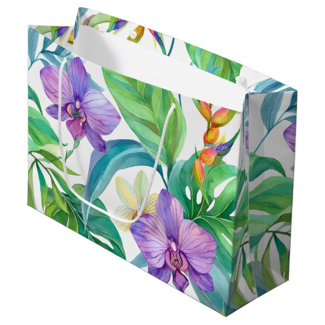 tropisches Orchideenmuster Große Geschenktüte (Vorderseite Schrägansicht)