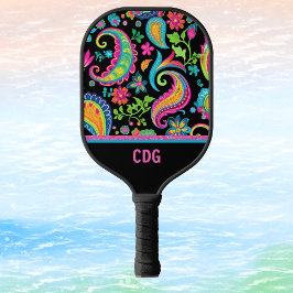 Tropisches Paisley- und Blumenmuster mit Monogramm Pickleball Schläger