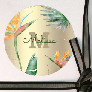 Tropisches Palm Modern Monogramm Schrift Goldfolie Runder Aufkleber