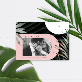 Tropisches Palm Rosa Monogramm Save the Date