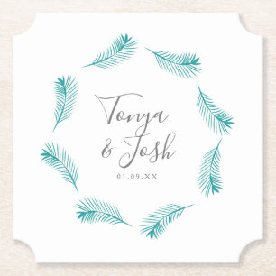 Tropisches Palmblätter-Rundlogo Hochzeit Untersetzer