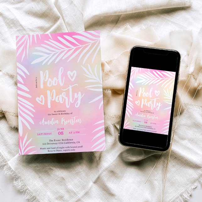 Tropisches Palmen Regenbogenbecken Party Sweet 16 Einladung (Tropical palm rainbow pool party Sweet 16 Invitation)