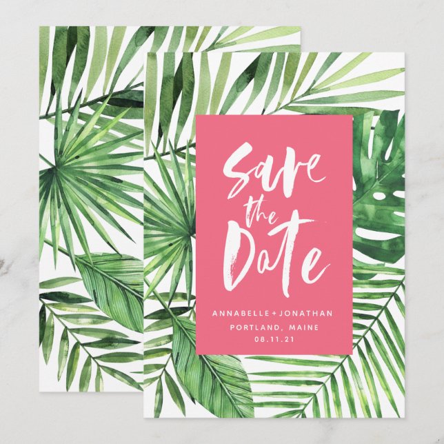 Tropisches Palmenblatt und Drehbuch Aquarellpinke Save The Date (Vorne/Hinten)