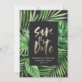 Tropisches Palmenblätterblättern und Goldschrift Save The Date