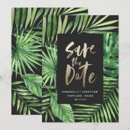Tropisches Palmenblätterblättern und Goldschrift Save The Date