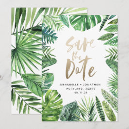 Tropisches Palmenblätterblättern und Goldschrift Save The Date