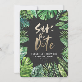 Tropisches Palmenblätterblättern und Goldschrift Save The Date