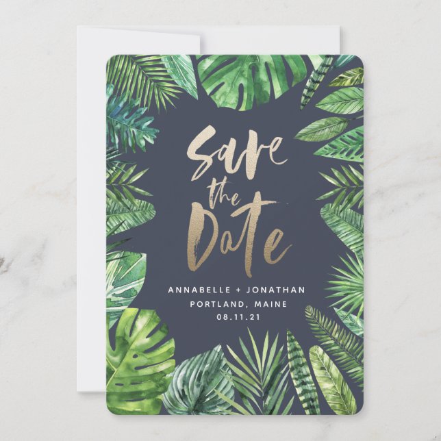 Tropisches Palmenblätterblättern und Goldschrift Save The Date (Vorderseite)