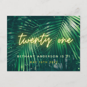 Tropisches Palmengrün Neonskript 21. Geburtstag Postkarte