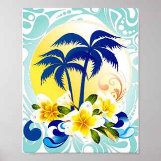 Tropisches Palmenparadies mit Plumeria-Blüte Poster