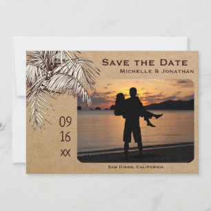 Tropisches Palmenstrand-Foto-Hochzeit Save The Date