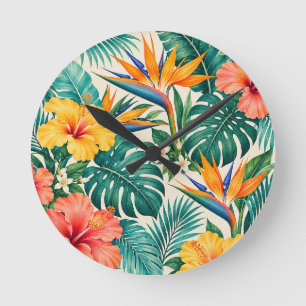 Tropisches Paradies Botanisches Blumendesign Runde Wanduhr
