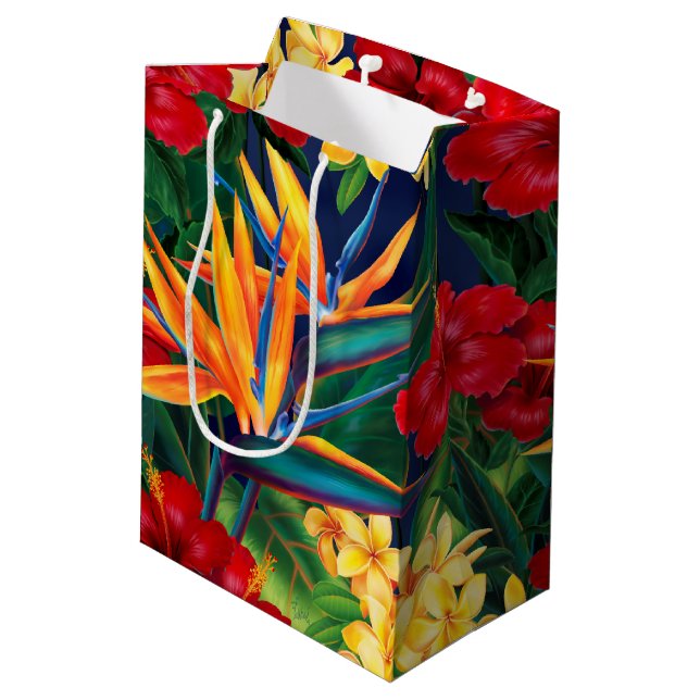 Tropisches Paradies Hawaiian Floral Mittlere Geschenktüte (Rückseite Schrägansicht)