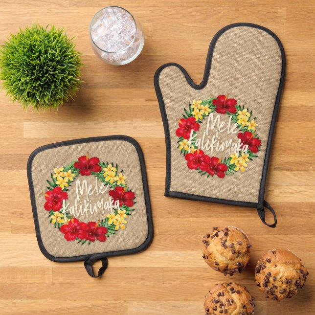 Tropisches Paradies Hawaiian Holiday Wreath Burlap Ofenhandschuh & Topflappen-Set (Oben Unten)