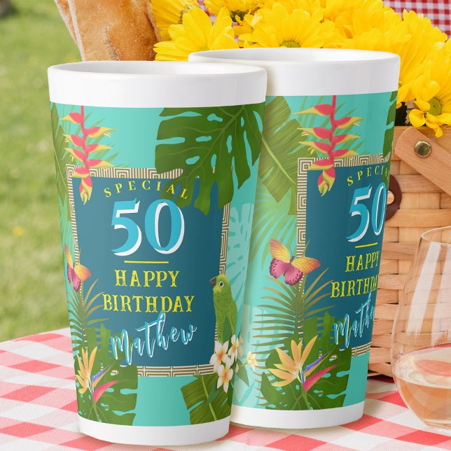 Tropisches Paradies jedes Jahr zum Geburtstag Aqua Milchtasse (Tropical Paradise Birthday Latte Mug. )