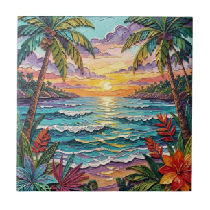 Tropisches Paradies Küstenstrand Szene Impasto Fliese