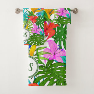 Tropisches Paradies-Laub u. Flora - Monogramm Badhandtuch Set