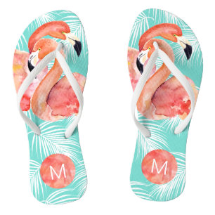 Tropisches Paradies rosa Flamingos mit Monogramm Flip Flops