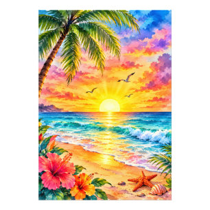 Tropisches Paradies Sonnenuntergang Aquarell Stran Fotodruck