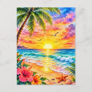 Tropisches Paradies Sonnenuntergang Aquarell Stran Postkarte