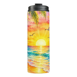 Tropisches Paradies Sonnenuntergang Aquarell Stran Thermosbecher