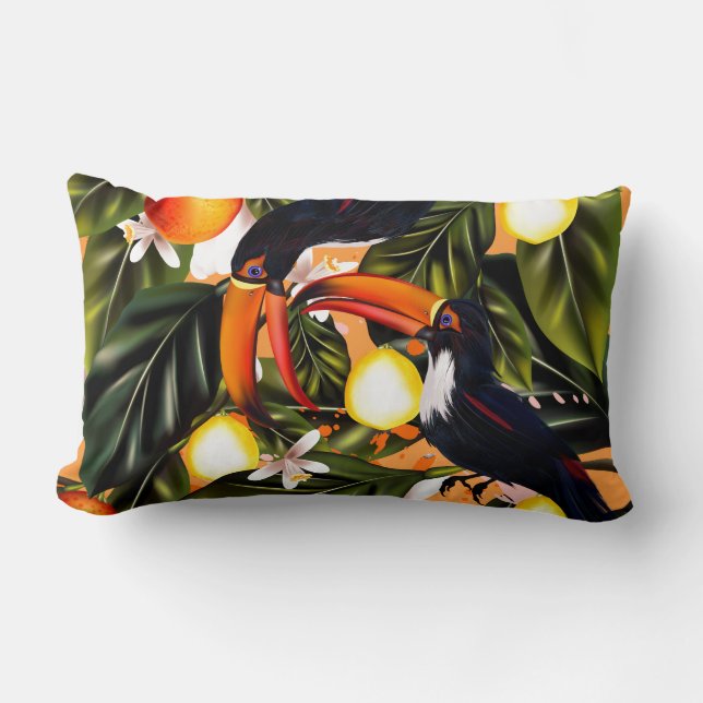 Tropisches Paradies. Toucans und Zitrusfrucht Lendenkissen (Vorderseite)