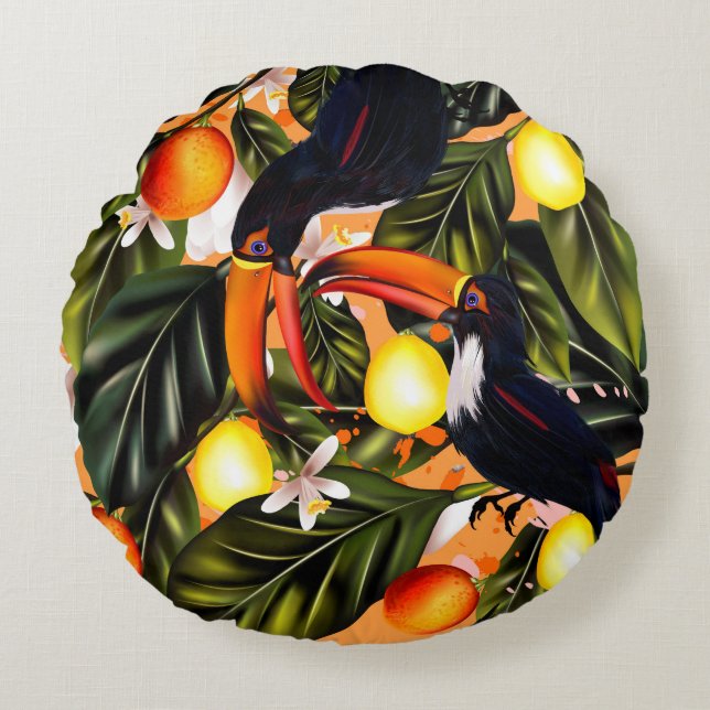 Tropisches Paradies. Toucans und Zitrusfrucht Rundes Kissen (Vorderseite)
