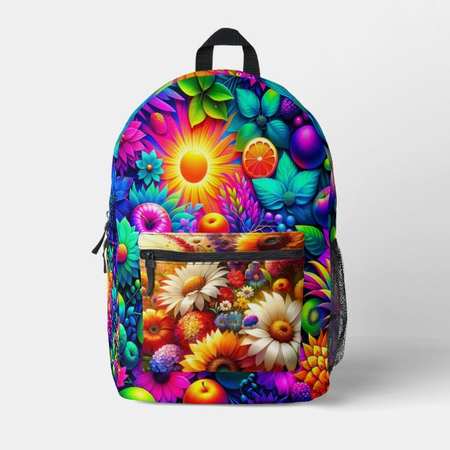 Tropisches Paradies: Vibrant Fruit & Blume Fusion Bedruckter Rucksack (Vorderseite)