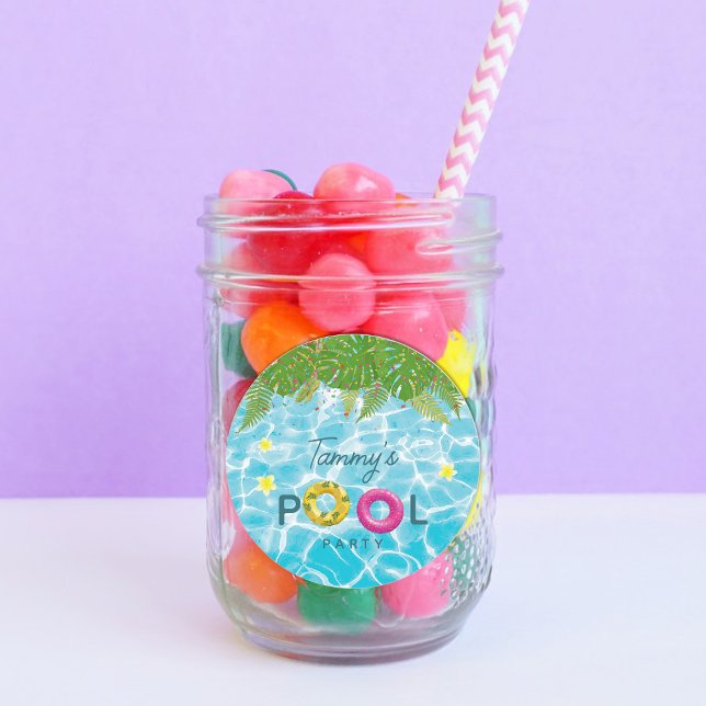 Tropisches Party Schwimmbad Geburtstag Runder Aufkleber (Tropical Pool Party Swimming Pool Birthday Classic Round Sticker)