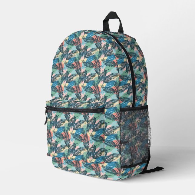 Tropisches Pastell-Leaf-Muster Bedruckter Rucksack (Rückseitige Ecke Rechts)