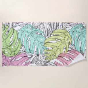Tropisches Pastellmonstera-Blatt Wasserfarbmuster Strandtuch