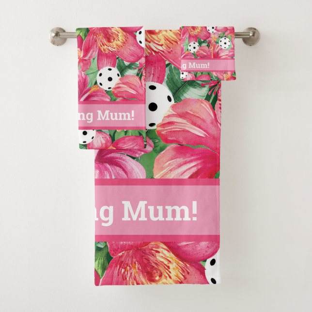 🌺 🌴 tropisches Pickleball mit Hibiskus mit Text Badhandtuch Set (Insitu)