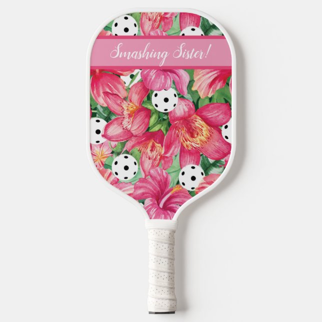 🌺 🌴 tropisches Pickleball mit Hibiskus mit Text Schläger (Vorderseite)