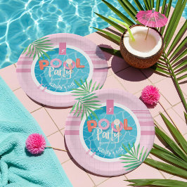 Tropisches Pink & Blue Summer Birthday Pool Party Pappteller