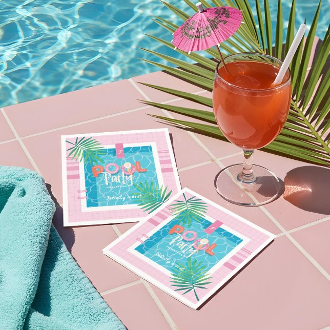 Tropisches Pink & Blue Tropical Birthday Pool Part Serviette (Tropical Pink & Blue Tropical Birthday Pool Party Napkins)